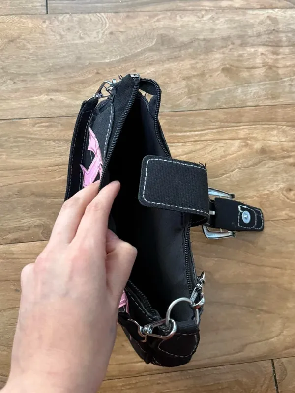 Black Canvas Shoulder Bag with Pink Cross - Image 2
