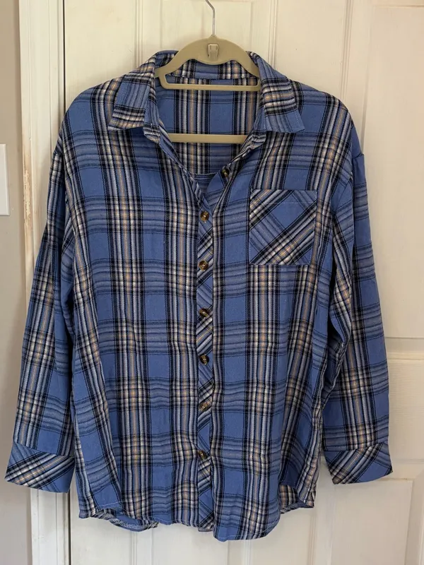 CHYRII Amazon Brand Women’s Oversized Blue Plaid Flannel Button Down Shirt - Image 7