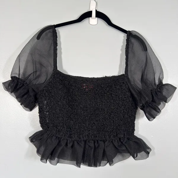 STAUD Cannon Organza Smocked Puff Sleeve Crop Top Black Size Small - Image 6