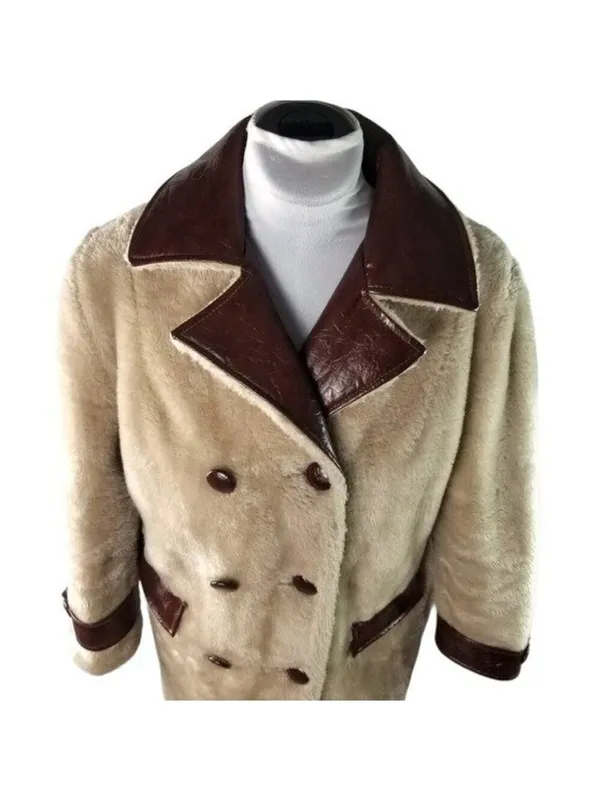 Vintage Fingerhut Fashions Fur Leather Coat Double Breasted Buttons Beige Sz 12 - Image 7