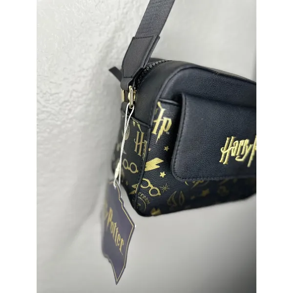 NEW Harry Potter Crossbody Bag Adults Small Black Faux Leather Logo Gold Icons - Image 2