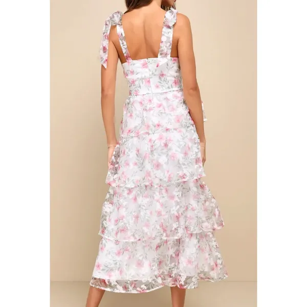 Lulus Endlessly Gorgeous White Floral Burnout Tie-Strap Midi Dress White Multi - Image 3