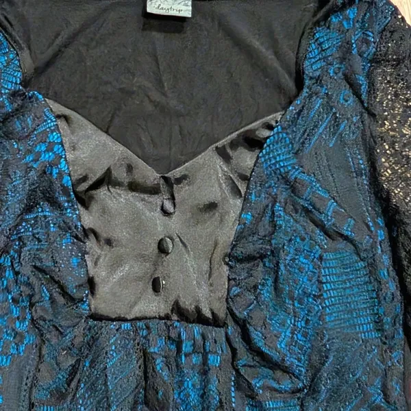 DAYTRIP L Large Black Teal Blue Lace Lacy Shirt Tunic Top Made in USA - Image 2