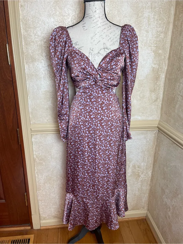 ASTR The Label Lainie Dress Floral Cutout Midi Sz S Puff Sleeve Lavender Brown - Image 3