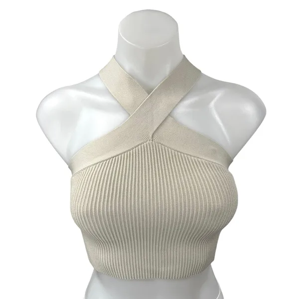 Aritzia Babaton Sculpt Beige Ribbed Knit Criss Cross Sleeveless Crop Tank Top XS - Image 5