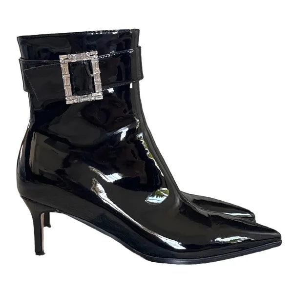 Black Patent Pointed Toe Ankle Boots Rhinestone Bling Buckle Kitten Heel Size 9 - Image 3