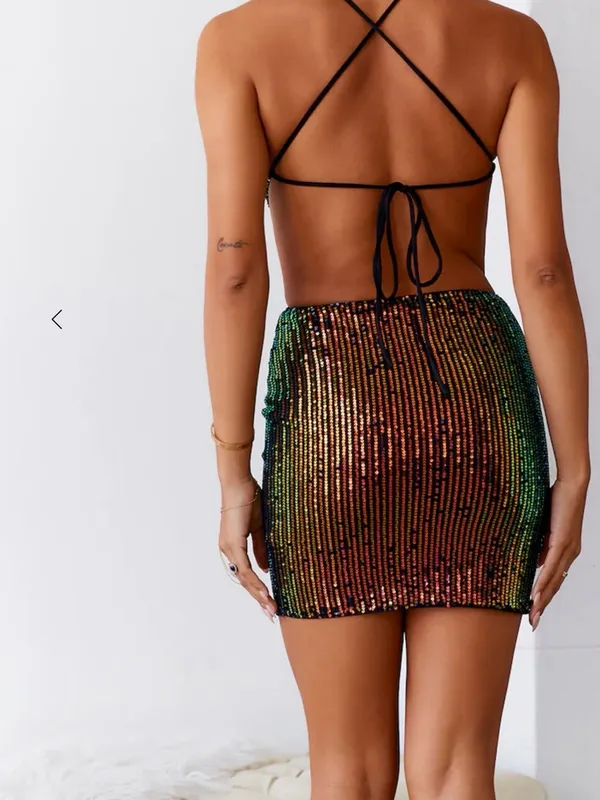 Hello Molly Iridescent Sequin Cutout Mini Dress - Black with Multicolor Sparkle - Image 2