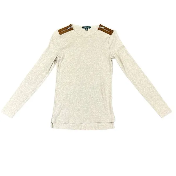 Lauren Ralph Lauren Rib Knit Shoulder Zipper Beige Sweater Small - Image 2