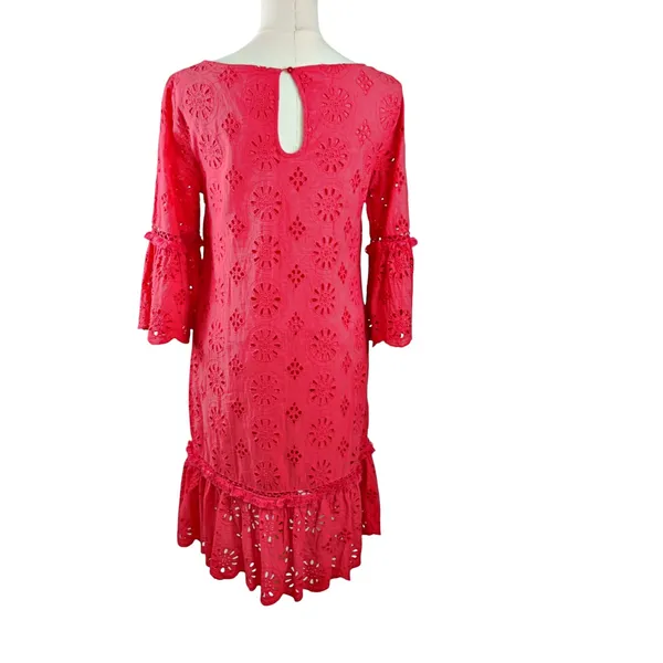 by Anthropologie Dani Coral Red Lace Eyelet Bell Sleeve Ruffle Dress Sz 0 - Image 3