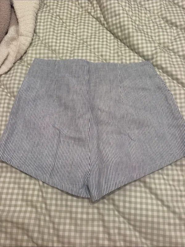 Olivaceous - Striped Seersucker High-Waist Women’s Shorts — Blue/White - Image 2