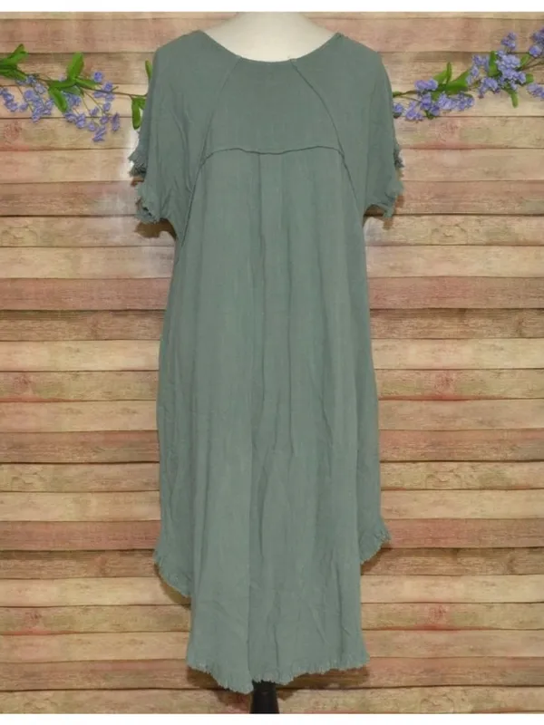 Umgee Women's M Green Linen Cotton Lagoon Tunic Top Mini Dress w/Fringe Trim - Image 8