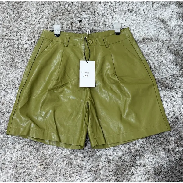 Women Faux Leather Shorts Olive Green High Waist Pleated Shorts Size 3XL NWT - Image 4