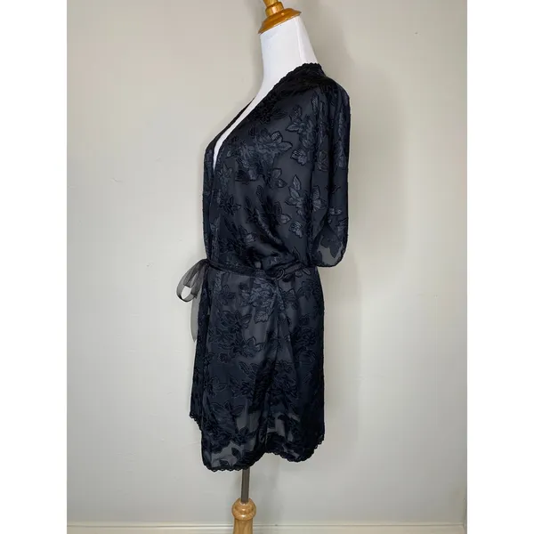 Vintage Black Satin Robe Floral Semisheer Fabric Sz Medium Dressing Gown - Image 2