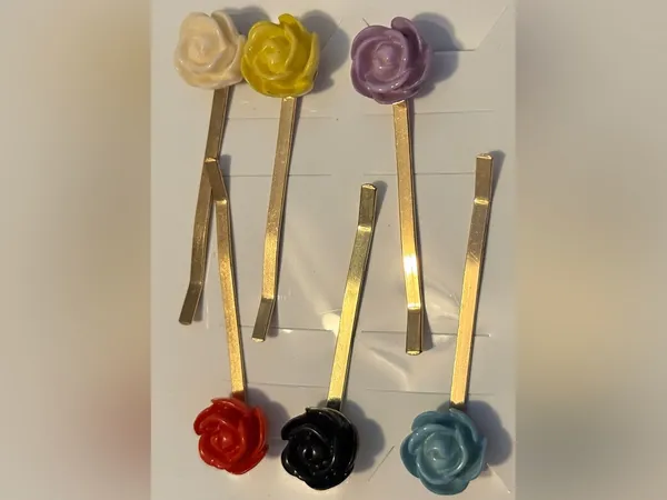 Gold Bobby Pins with Multicolor Rose Accents - Set of 6 - Image 3