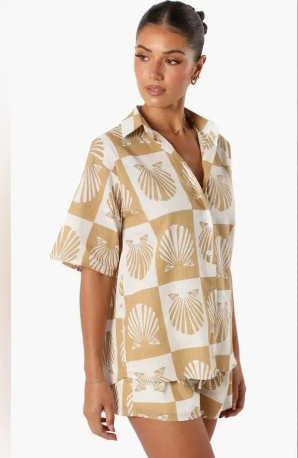Petal + Pup Checkered Seashell Print Cotton Button Up Shirt - Image 7