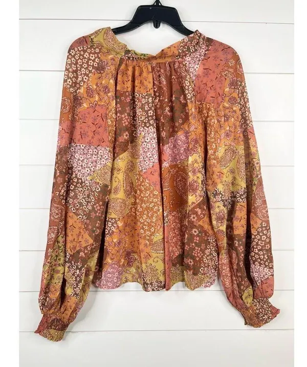 Aura Floral Paisley Patchwork Long Sleeve Peasant Blouse Size L Tie Back - Image 2