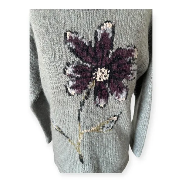 Garnet Hill Chunky Green Mohair Wool Hand Knit Sweater Floral Women's Small Cozy - Image 5