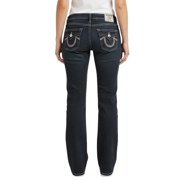 True Religion Straight Jeans Low Rise Rainbow Stitch Stretch Dark Wash Size 24 - Image 4