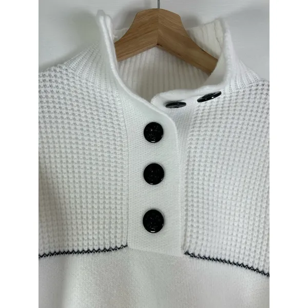 Commense White & Navy Open Collar 1/4 Button Up Sweater S NWT - Image 5