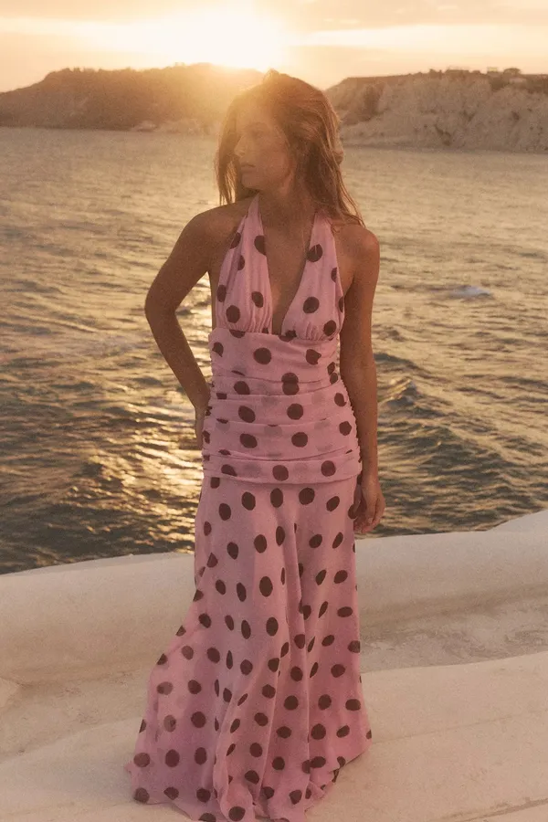 Zara Pink Polka Dot ruffled Maxi Dress bohemian summer vacation bodycon - Image 12