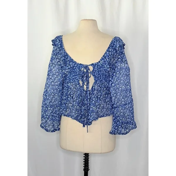 Anthropologie MAEVE Square Neck Sheer Babydoll Top Blue White Floral Large‎ - Image 9