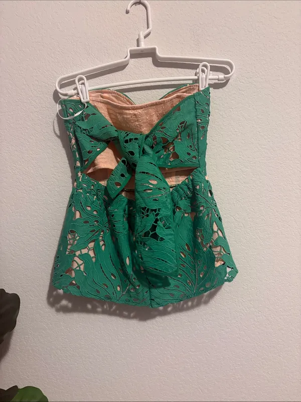 Judith March Small Strapless Green Lace Peplum top with Nude Underlay - Image 3