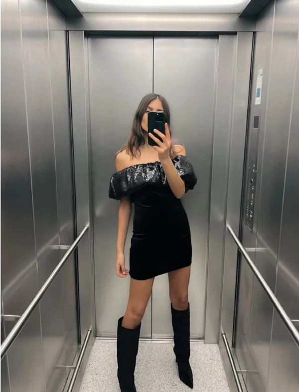Zara Off-Shoulder Black Mini Dress with Sequin Trim - Image 4