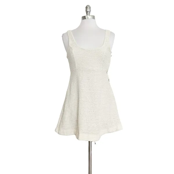 ZARA Womens White Tweed Scoop Neck Button Mini Dress Preppy Structured Chic Sz M - Image 4