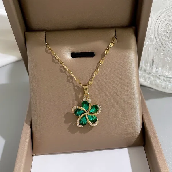 18K Gold Plated Green Crystal Flower Pendant Necklace for Women,Flower Necklace - Image 3