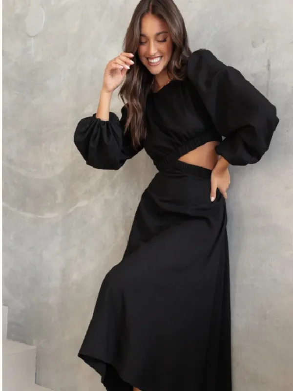 Petal & Pup Ginnee Puff Sleeve Cutout Midi Dress Black Large - Image 2