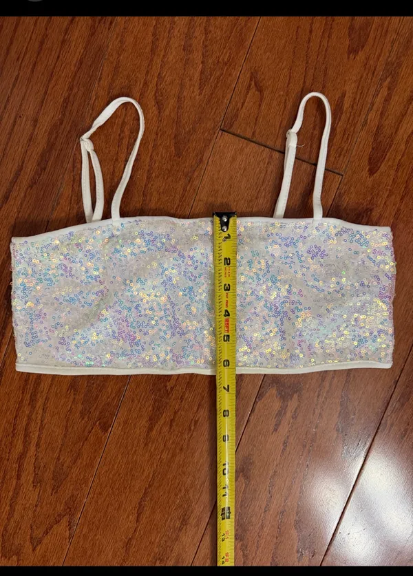 SHEIN iridescent white strappy sequin crop with bag - Size Small. Gently warn & great used condition. embellishments for a sparkly look. Measurements approximately 14.5” from armpit to armpit not fully stretched out x 6” long. Non-smoking home. priced to sell at as is condition. Don’t like my price, make reasonable offer! And thank you for checking my closet. - Image 7