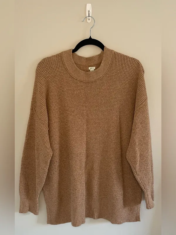 Aerie Oversized Waffle Crew Sweater, Tan/Camel, Size S, EUC - Image 2