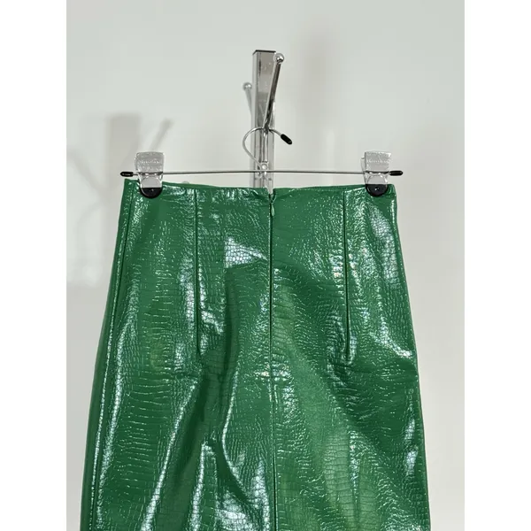 Porridge Anthropologie Women XS Mini Skirt Faux Leather Green Croc Embossed - Image 6