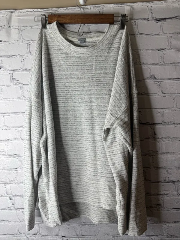 Aerie Light Gray Striped Knit Crewneck Sweater large - Image 2