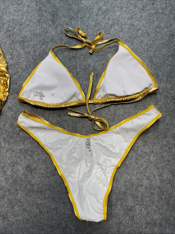 3 Piece Swimsuit Metallic Halter Triangle Bikini Set with Cover Up Beach Skirt - Image 9