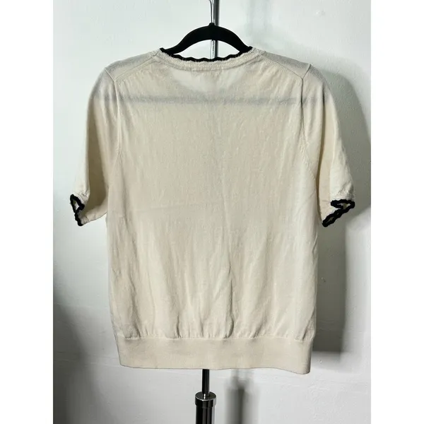 Boden Short Sleeve Sweater Ivory Navy Scalloped Trim Knit Top - Image 3