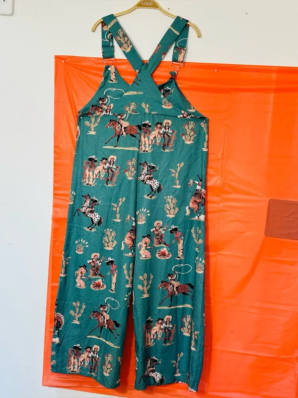 Teal Western Print Wide-Leg Jumpsuit - Image 4