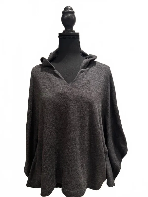 Aerie Medium Charcoal Gray Hooded Poncho Sweater - Image 3