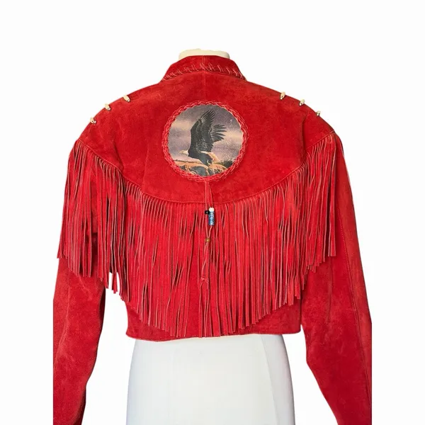 Vintage Red Suede Fringe Jacket Eagle Beaded Western Southwestern Women’s Large - Image 9