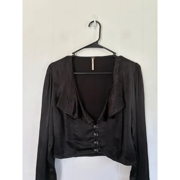 Free People Black Olivia Satin Ruffle Hook Eye Long Sleeve Crop Top Size S - Image 5