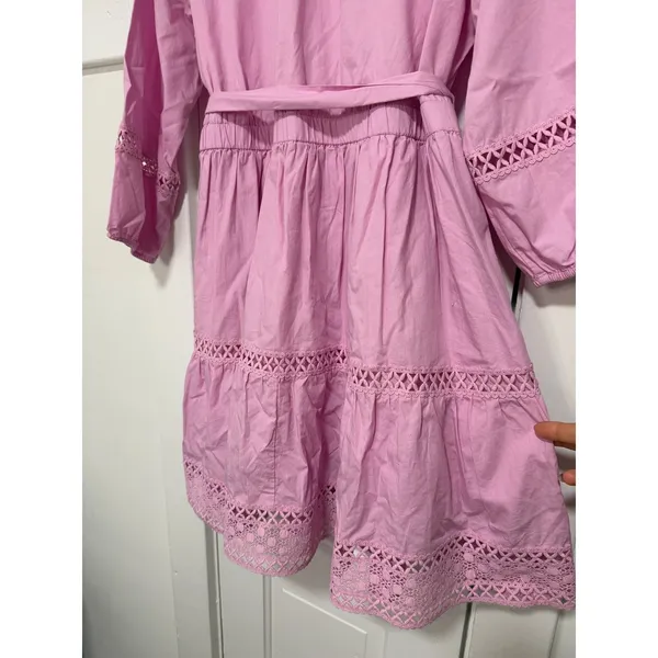 Wonderly Pink Cotton Tiered Eyelet Lace Dress Balloon Sleeve PXL - Image 16