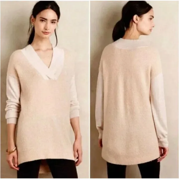 Anthropologie Moth Two Tone Cream Wool Alpaca Blend Sweater‎ V-Neck Size Small - Image 2