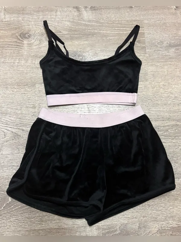 Forever 21 Velour Lounge Set Black Pink Crop Cami & Shorts Pajama Small - Image 2