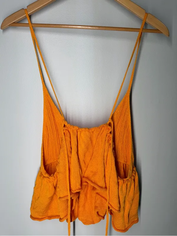 Kimchi Blue Tie Back Babydoll Crop Knit Cami Orange Boho Festival‎ Open Back Top - Image 6