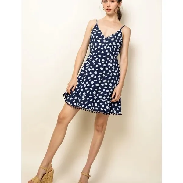 THML Navy Blue & White Pom Pom Trim V-Neck Sleeveless Dress - Image 2