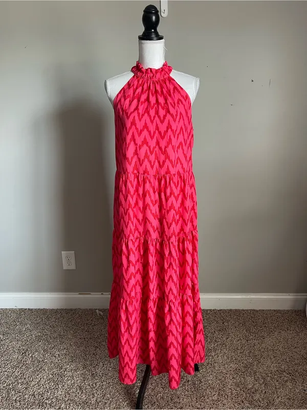 UMGEE | Hot Pink Chevron Print Tiered Halter Maxi Dress Sz S - Image 2