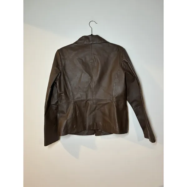 Kim Rogers Womens M Brown 100% Leather Button Front Blazer Jacket Lined Classic - Image 5
