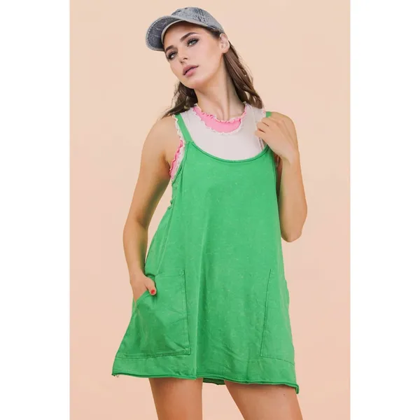 Very J Mineral Washed Green Cotton Romper Mini Dress Small - Image 2