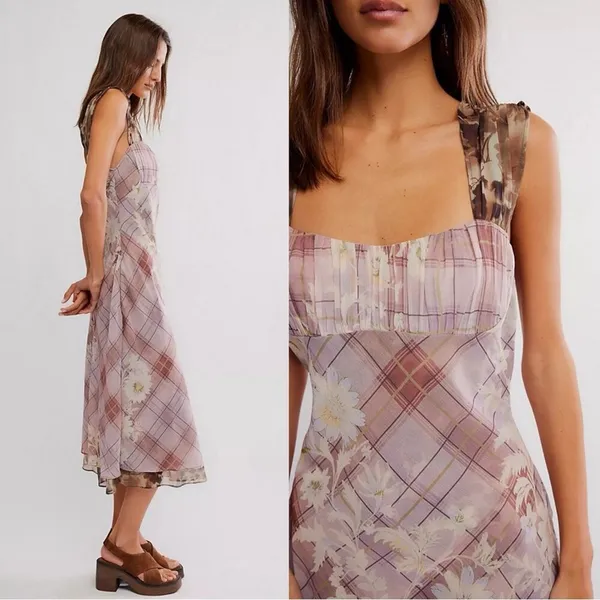 Free People Femme Grunge 90s Y2K Morning Dew Plaid Floral Midi Slip Dress XL - Image 4