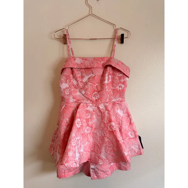 Lulus Romper Womens Pink Floral Fashionable Fit Jacquard Peplum Shorts Jumpsuit - Image 4